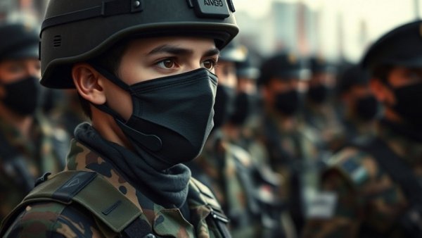 Iran using children in security roles, masked child in military uniform.