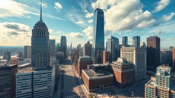 Aerial view of city financial district, symbolizing economic growth.