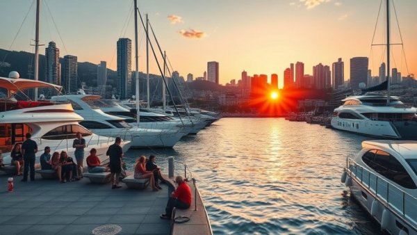 Waterfront at sunset with people and yachts, Vancouver BC.