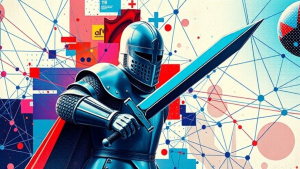 Abstract collage with knight, geometric lines, digital elements.