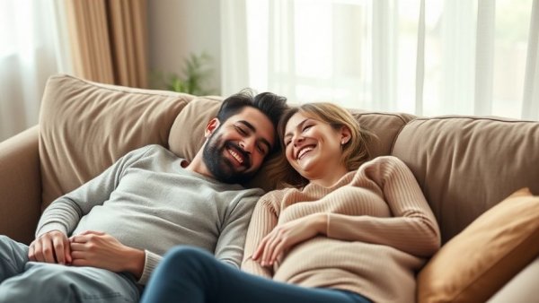 Couple smiling and relaxing on a sofa, shared dream practice for couples.