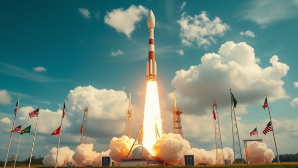 Powerful rocket launch for NASA Artemis II Mission against cloudy sky.