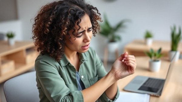 Young woman in an office experiencing wrist discomfort, Exercises to Relieve Wrist Pain.