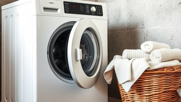 Open washing machine next to basket; how to clean washing machine guide.