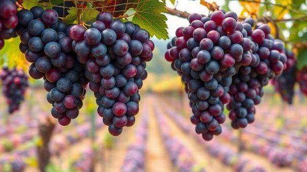 Purple grape clusters on vines in B.C. vineyard.