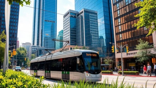 Denver city modern tram and skyscraper - Denver business news.