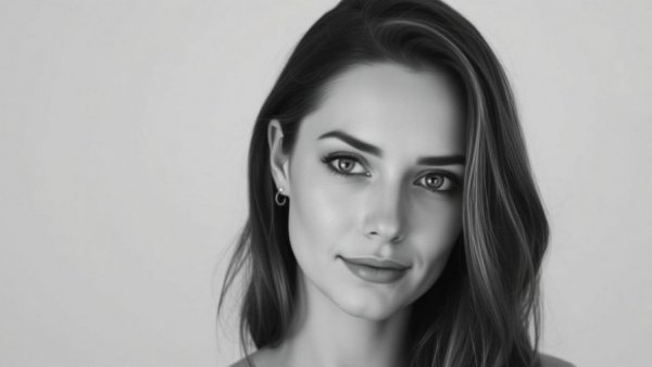 Photorealistic portrait of woman in monochrome, serene expression.