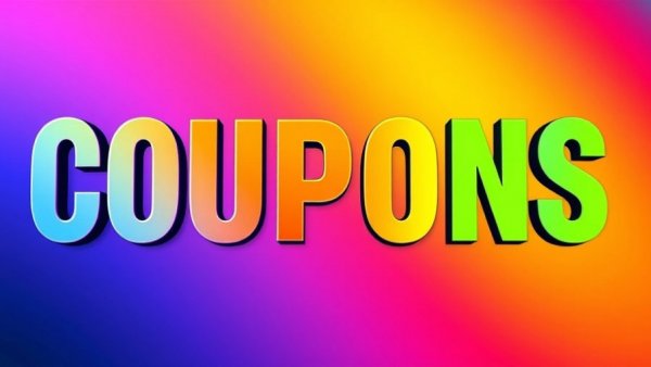 Colorful coupons text over a vibrant gradient background.