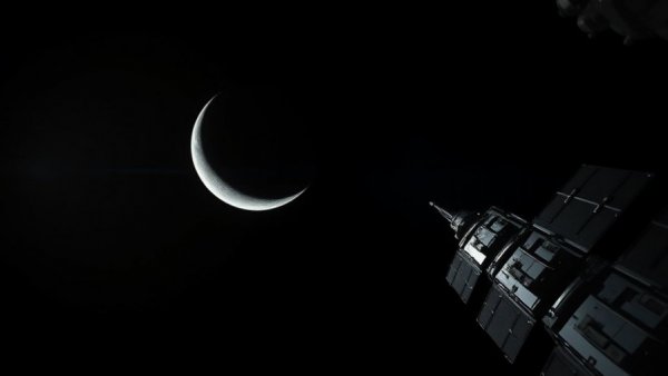 Crescent moon viewed from spacecraft during Artemis II Moon Mission.