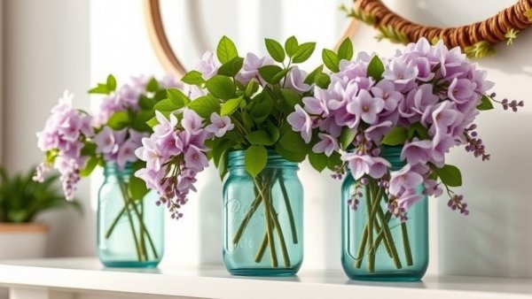 Spring mantel decor 2026 with teal jars and violet flowers.