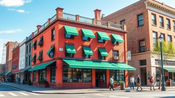 Japanese-Italian fusion restaurant Denver exterior with red brick building and green awnings.