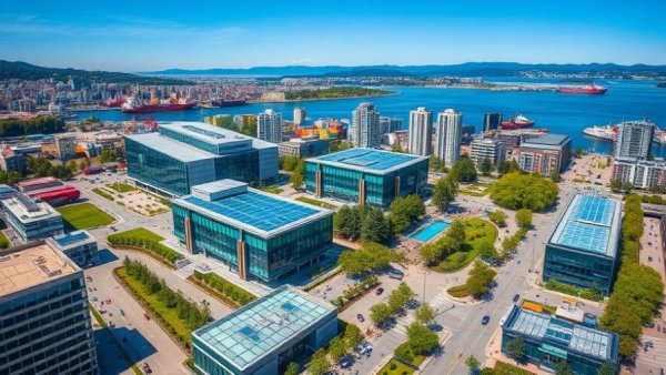 Aerial view of Vancouver tech innovation hub with cityscape and mountains.