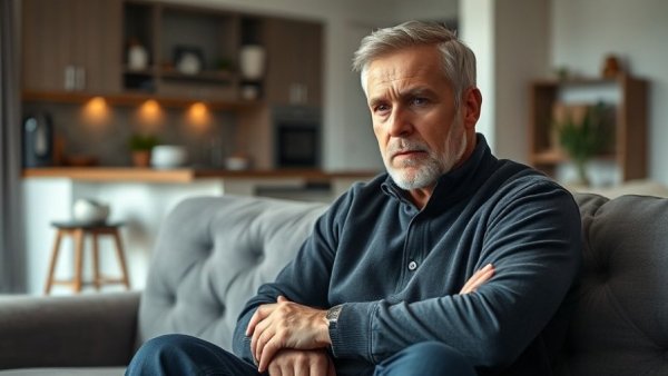 Thoughtful man sitting on a sofa relating to auto-brewery syndrome.