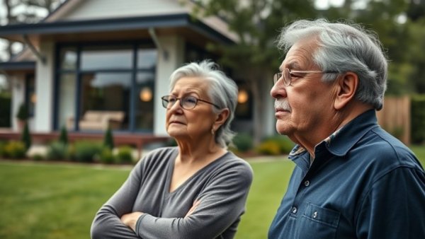 Middle-aged couple viewing house, age in place concept.