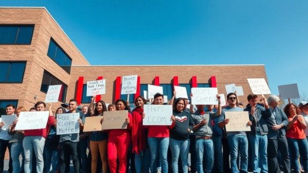 Protesters with signs in front of a brick building in Denver.
