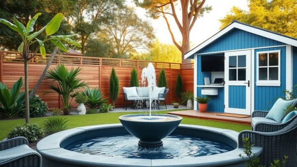 Modern backyard design ideas for 2026 featuring a stylish fountain, cozy shed, and wicker furniture.