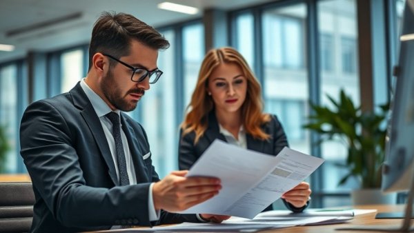 Business professional discussing strategy in modern office for financial advice.