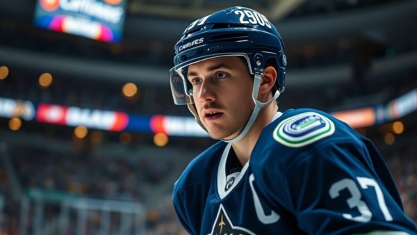 Vancouver Canucks player focused during a game in the stadium.