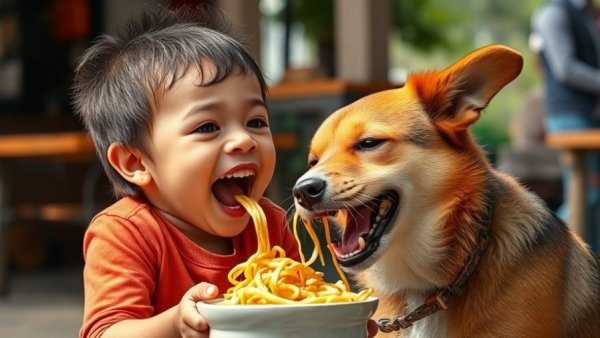 Child and dog playfully eating noodles outdoors, choosing dog or cat person.