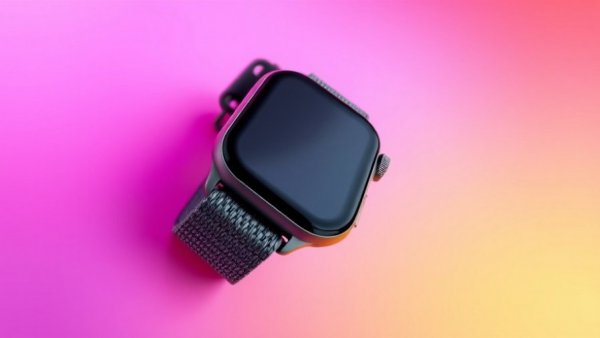 Gray Apple Watch with braided band on vibrant gradient background.