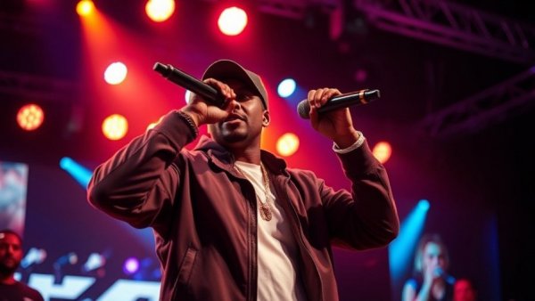 Hip-hop artist performing energetically at 420 on the Rocks concert.