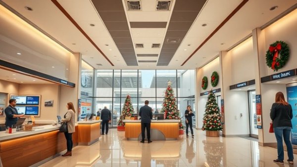 Modern bank interior with holiday decor and customer service, bank fraud lawsuit.