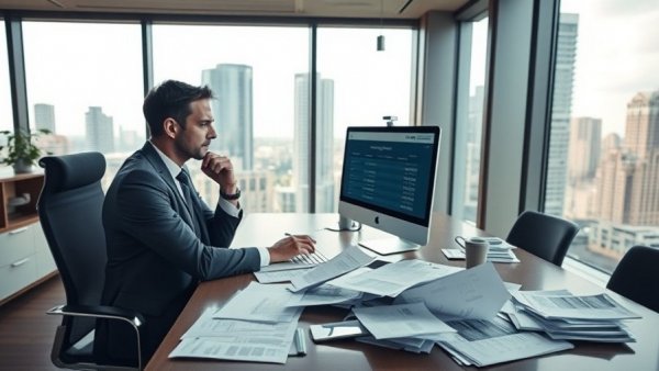 Business executive analyzing mortgage rates today in a modern office.