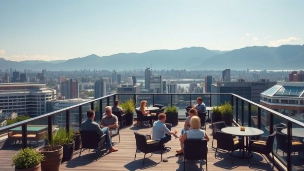 Vancouver rooftop with people relaxing, mountain view, life sciences setting.