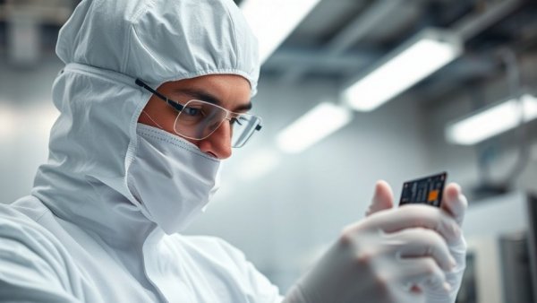 Advanced chip packaging technician examining semiconductor wafer.