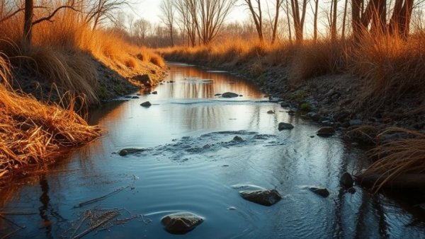 Tranquil stream in Denver reflecting trees and sky at sunset