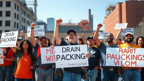 U.S. meatpacking plant strike negotiations: workers protest outside the plant.
