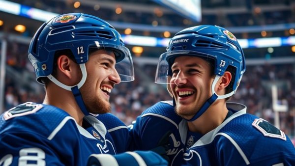 Canucks draft pick potential: Hockey players celebrating in blue jerseys.