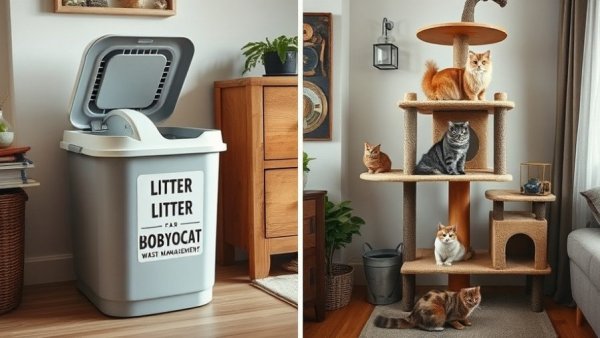 Life-saving products for multiple cats: litter system and cat tree.