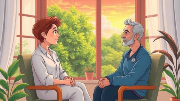 Illustrated therapy session showing the benefits of single-session therapy, featuring a therapist and client in serene cartoon style with a calming background.