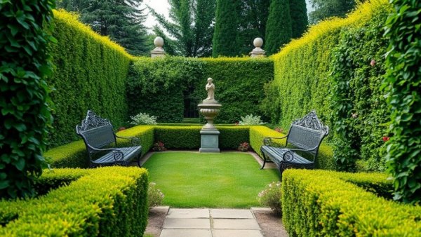 Garden with boxwood alternatives, classic statue, and benches.