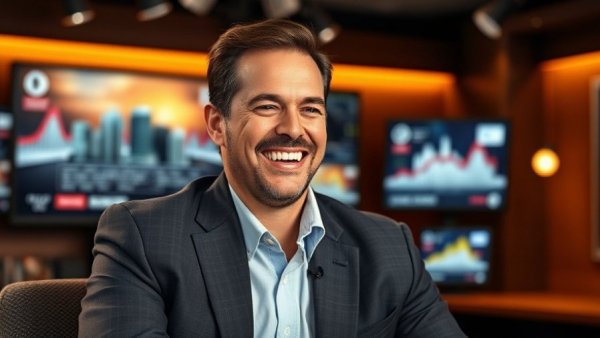 Confident businessman talks on TV about Denver business news.