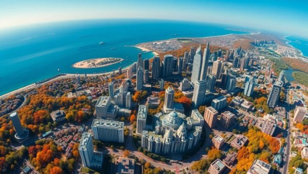Aerial view of modern cityscape with ocean backdrop, Vancouver.