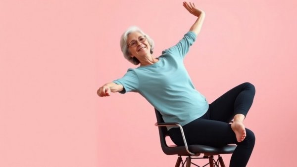 Older woman practicing chair yoga, showcasing chair yoga benefits.