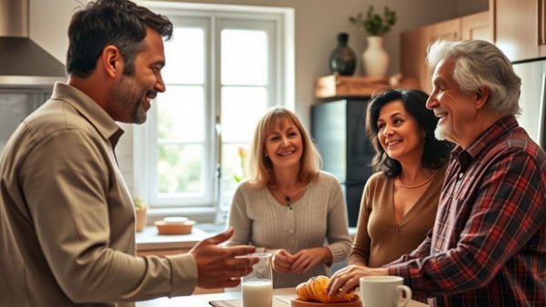 Three generations in a cozy kitchen discussing retirement mistakes millennials should avoid.