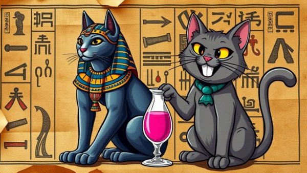 Ancient feline deity in Egyptian art with cartoon cat