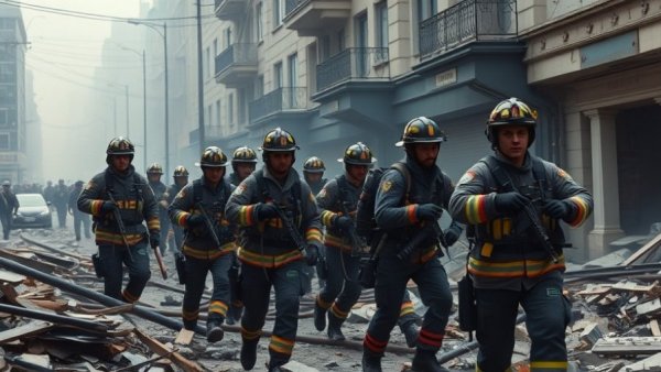 Emergency responders working amid debris in smoke-filled scene.