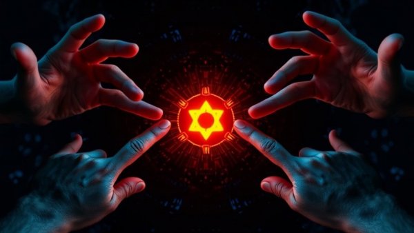 Symmetrical hands with crossed fingers around glowing symbol; Anthropic Mythos cybersecurity.