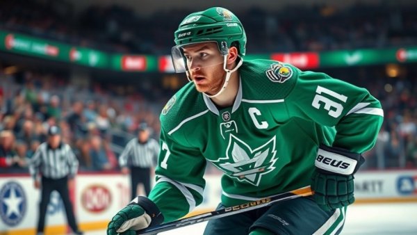 Vancouver Canucks player in green uniform skating on ice in a lively match.