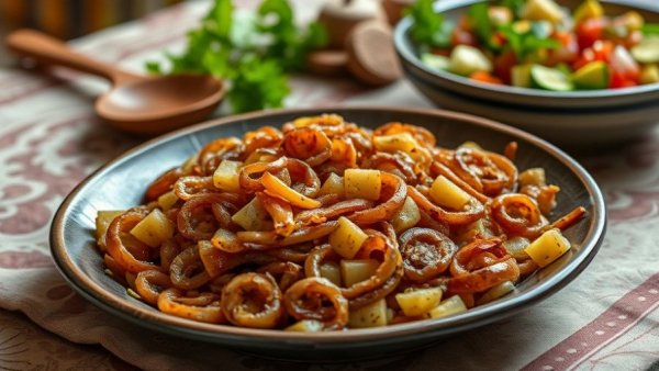 Delicious mujaddara recipe with caramelized onions on a platter.