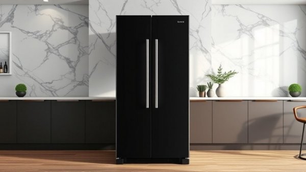 Sleek matte black fridge in modern kitchen. Fridge organization ideas 2026.
