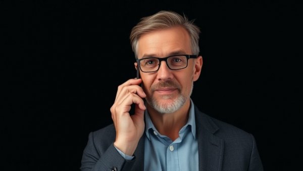 Man on phone call, focusing intently, Iran US negotiations, dark background.