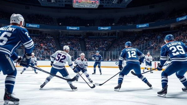 2026 NHL Draft position: thrilling hockey action with blue and white uniforms in arena.