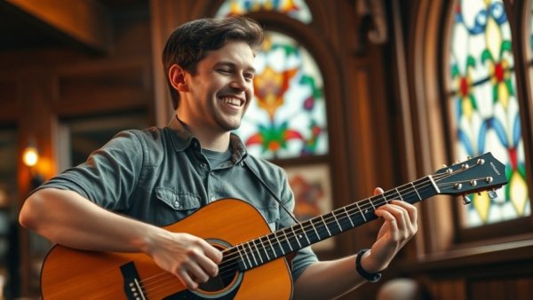 Young musician performing at Red Rocks with a guitar, warm lighting.