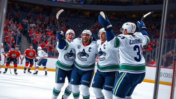 Vancouver Canucks players celebrating goal in ice hockey game.