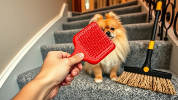 Efficient pet hair removal tools: brush and broom with dog.